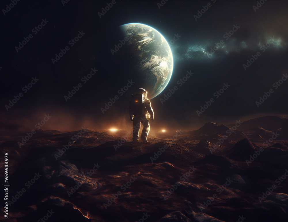 Cinematic image of an astronaut  Standing on a distant planet, looking at the Earth in the background. The Earth is surrounded by stars.
