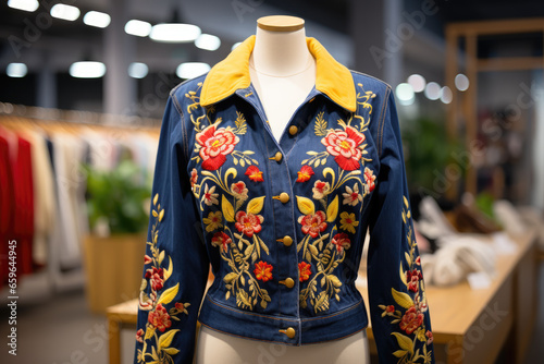 Women's blue denim jacket with embroidered flowers 
