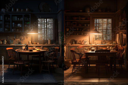 A split-screen image showing how a scene appears under different lighting conditions, emphasizing the role of lighting in visual perception. Generative Ai. © Sebastian