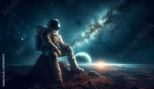 Cinematic image of an astronaut sitting on a rock on a distant planet, looking at the Earth in the background. The Earth is framed by a nebula, and the astronaut's spacesuit is glowing with light from