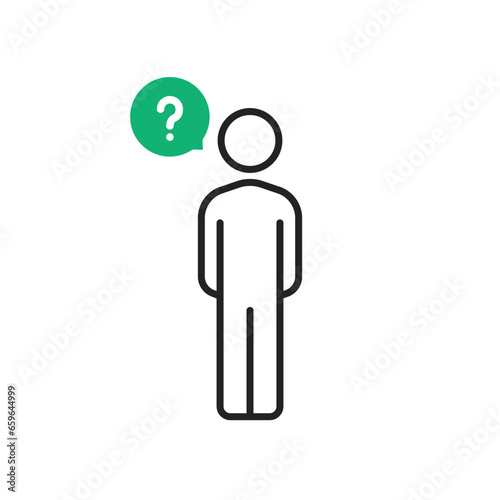 thin line stick figure and bubble with question mark