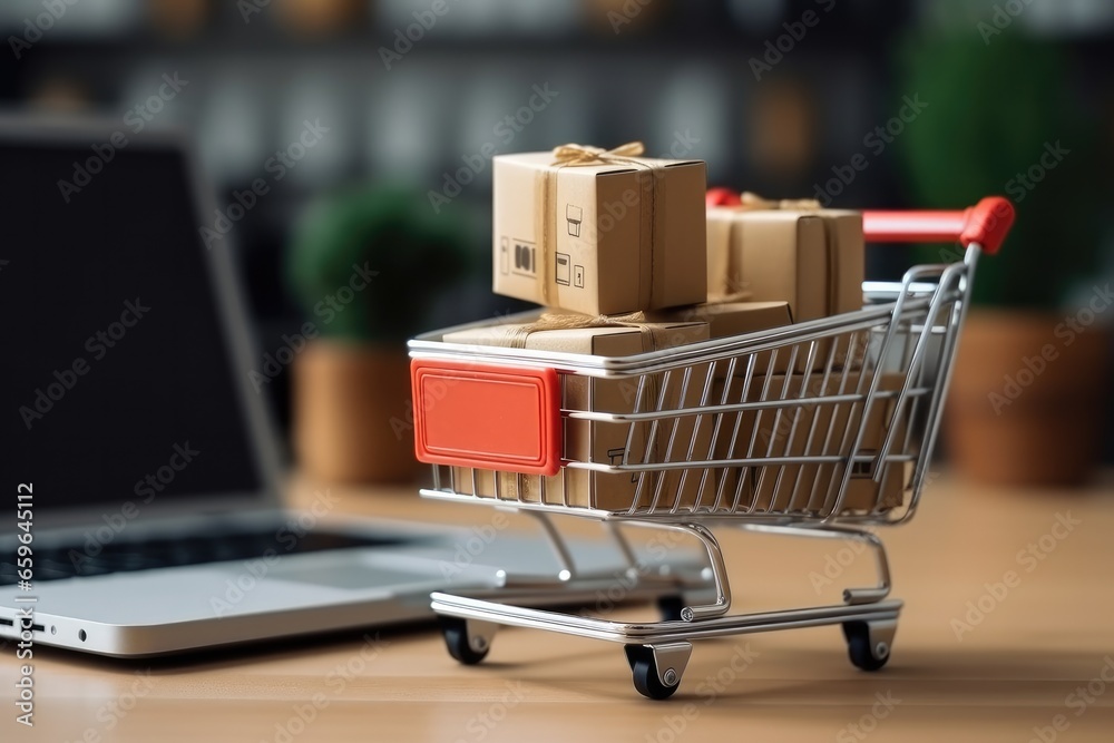 Paper boxes in a shopping cart on a laptop keyboard. Ideas about e-commerce, e-commerce or electronic commerce is a transaction of buying or selling goods or services online over the internet.