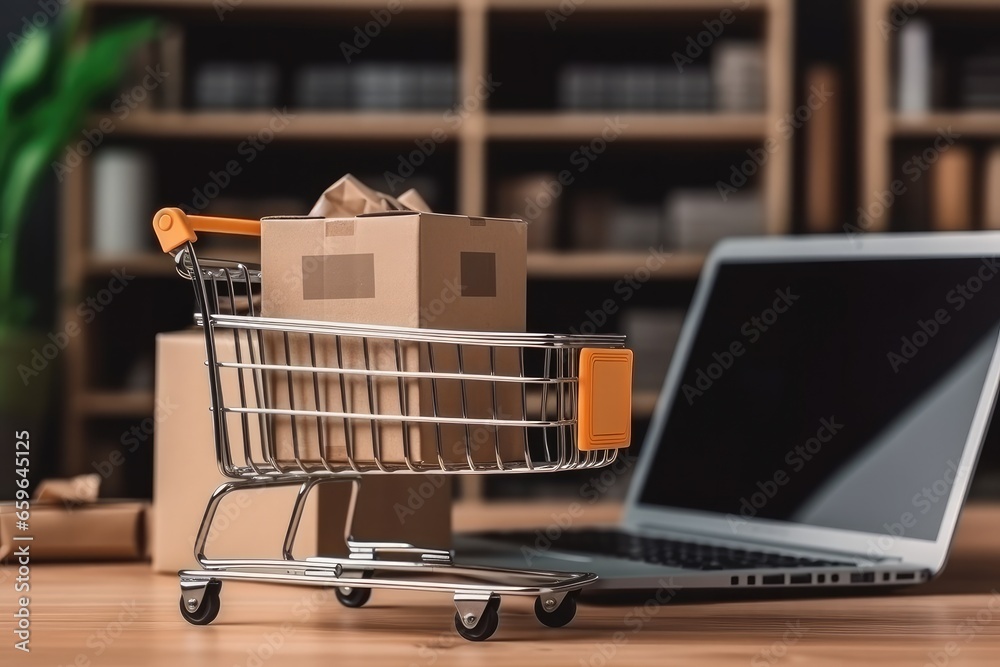 Product package boxes in cart with shopping bag and laptop computer in background for online shopping and delivery concept