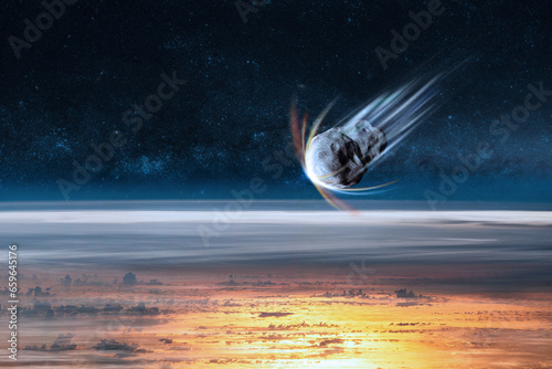 Fototapeta Naklejka Na Ścianę i Meble -  Asteroid in outer space near Earth planet. Meteorite on orbit of Earth. Elements of this image furnished by NASA.