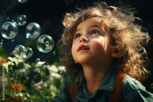 A child blowing soap bubbles and watching them float away, symbolizing the ephemeral and ever-changing nature of perception. Generative Ai.