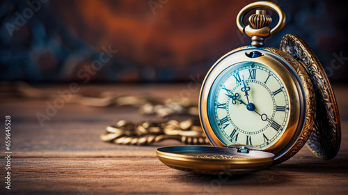 Vintage pocket watch on a wooden background. Time is money.