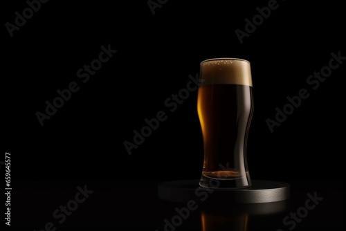 Black background, 3D render of a beer tower in front, on the right. Generative AI