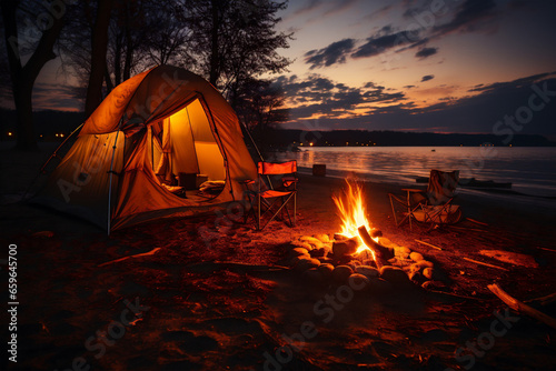 Night view of a tent with a campfire on the edge of a lake, peaceful and relaxing view