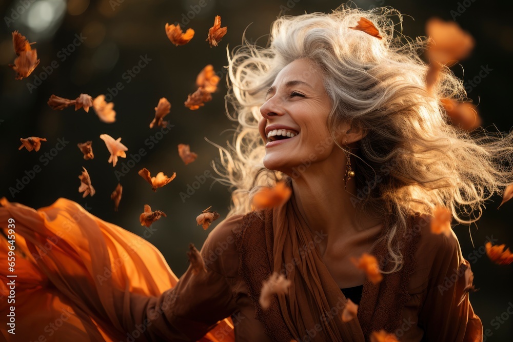 Naklejka premium An older woman throwing fall leaves by herself on a autumn park