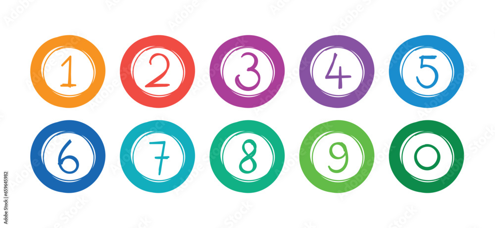 hand drawn colorful circles and 0-9 numbers - obrazy, fototapety, plakaty 