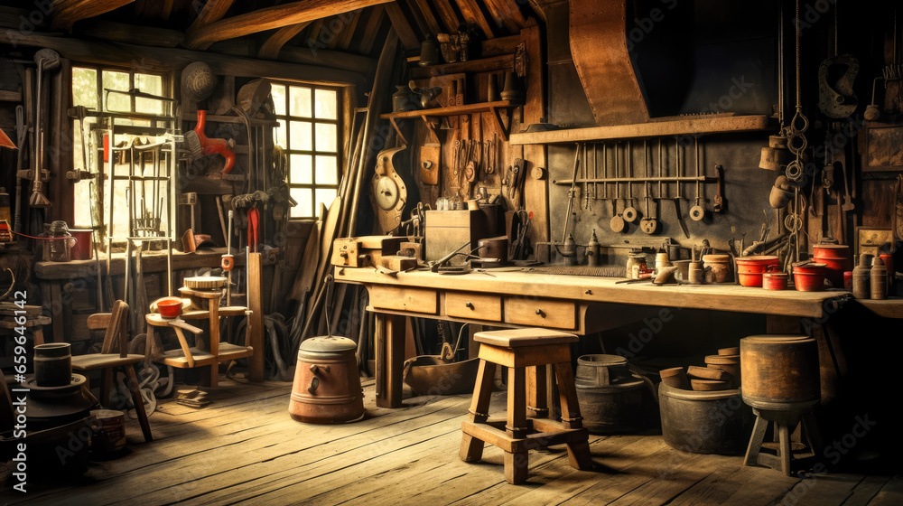 Old workshop with tools and instruments. Vintage style toned picture. - obrazy, fototapety, plakaty 