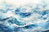 Watercolor blue sea waves with splashes background. Abstract ocean backdrop.