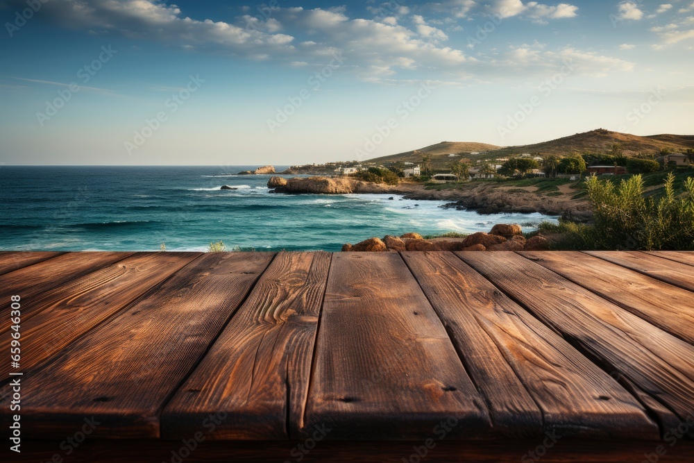Wooden table overlooking the ocean