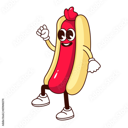 Groovy hot dog character vector illustration. Cartoon isolated retro happy mascot of sausage, ketchup and bun with smile on psychedelic funny face, hot dog with arms and legs walking and waving