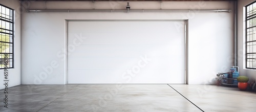 View of electrically operated white garage door from inside photo
