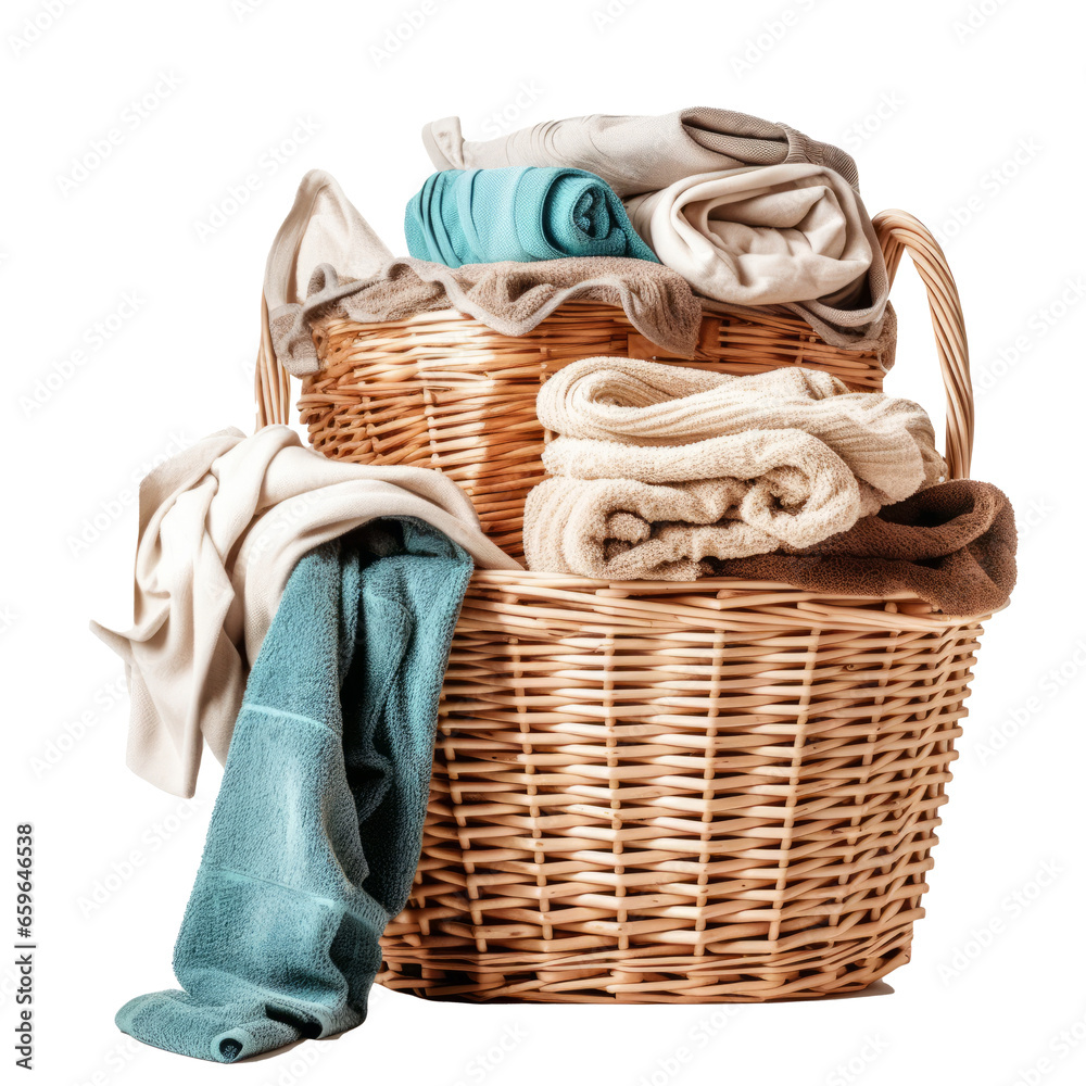 clean clothes and Wicker basket with clean laundry isolated transparent background