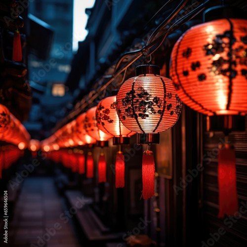 Festive Glow Chinese Lanterns Illuminate Cityscape in Night Celebration