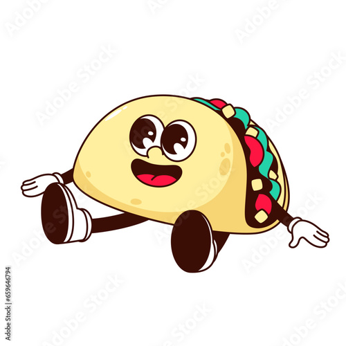 Groovy taco character vector illustration. Cartoon isolated retro psychedelic sticker of Mexican food, happy sandwich with arms and legs, funny cute smile on face sitting, adorable taco caricature