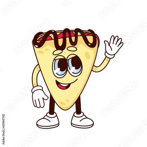 Groovy cookie character vector illustration. Cartoon isolated retro sticker of triangle tortilla chips or crispy bread with chocolate splash, cute funny yellow cookie mascot with arms and legs waving