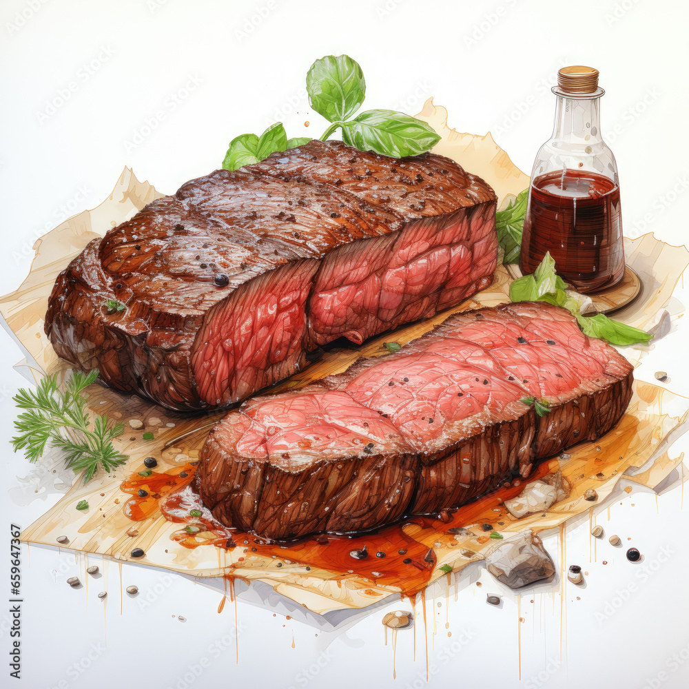 watercolor Steak clipart, Generative Ai