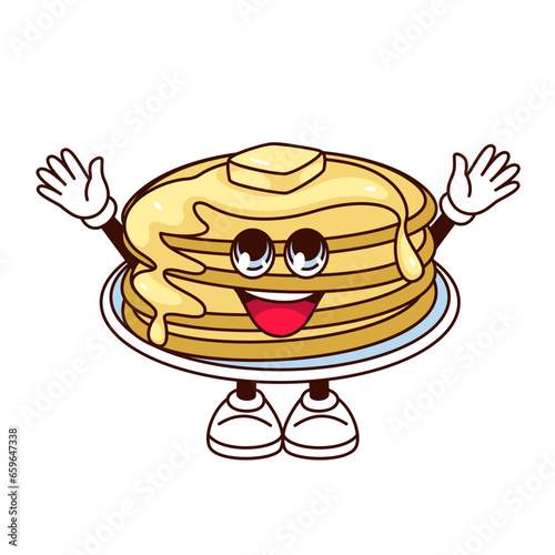 Groovy pancake character vector illustration. Cartoon isolated retro psychedelic breakfast food sticker, pancakes plate with butter, hug gesture and happy expression on funny face, arms and legs