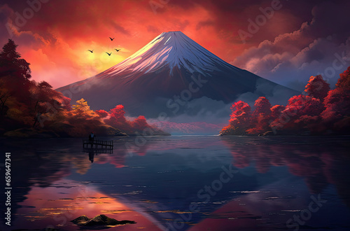 Serene Morning at Volcano Lake Reflective Beauty of Nature and Sky
