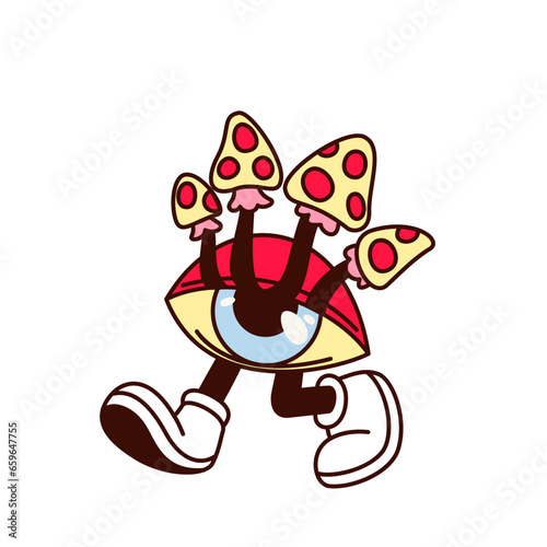 Groovy psychedelic eye character vector illustration. Cartoon isolated retro trippy sticker of rave party acid hallucinations, funky mascot of weird surreal eye with mushrooms walking with legs