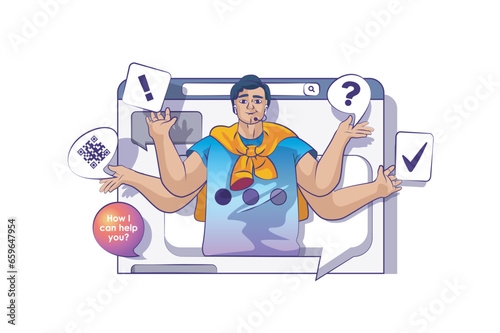 Online support concept with people scene in flat cartoon design for web. Man works at helpline, answering clients, solving problems. Vector illustration for social media banner, marketing material.
