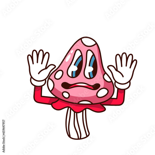 Groovy psychedelic mushroom character vector illustration. Cartoon isolated retro magic trippy fungus emoji with fear on face and arms, scary mushroom of hippie vibes, hallucination and acid trip