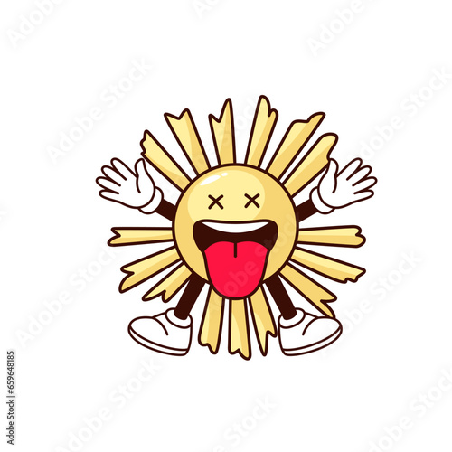 Groovy psychedelic sun character vector illustration. Cartoon isolated retro funky sticker of comic sun with trippy face and tongue, arms and legs, emoji of fun hippy or rave party and acid trip