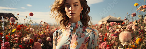 Fashion Model in a Blooming Flower Field photo