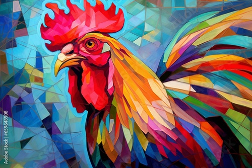 Colorful rooster with a cubism twist. Generative AI