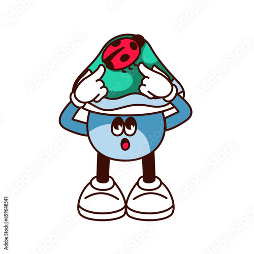 Groovy mushroom character vector illustration. Cartoon isolated funky blue sticker of mushroom pointing finger at ladybug on hat, mascot with arms and legs, psychedelic surprise expression on face