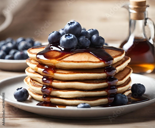 Pancakes Topped With Blueberries And Maple Syrup