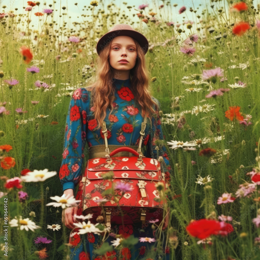 young woman in floral clothes surrounded by wild flowers, new fashion spring collection