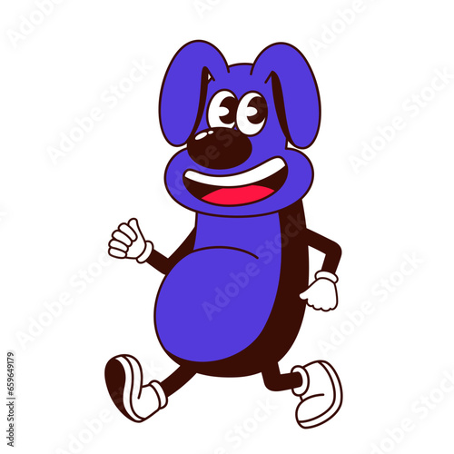 Groovy psychedelic dog character vector illustration. Cartoon isolated trippy crazy sticker with purple neon pet walking, crazy animal with weird dog face and smile, funny happy puppy emoji patch