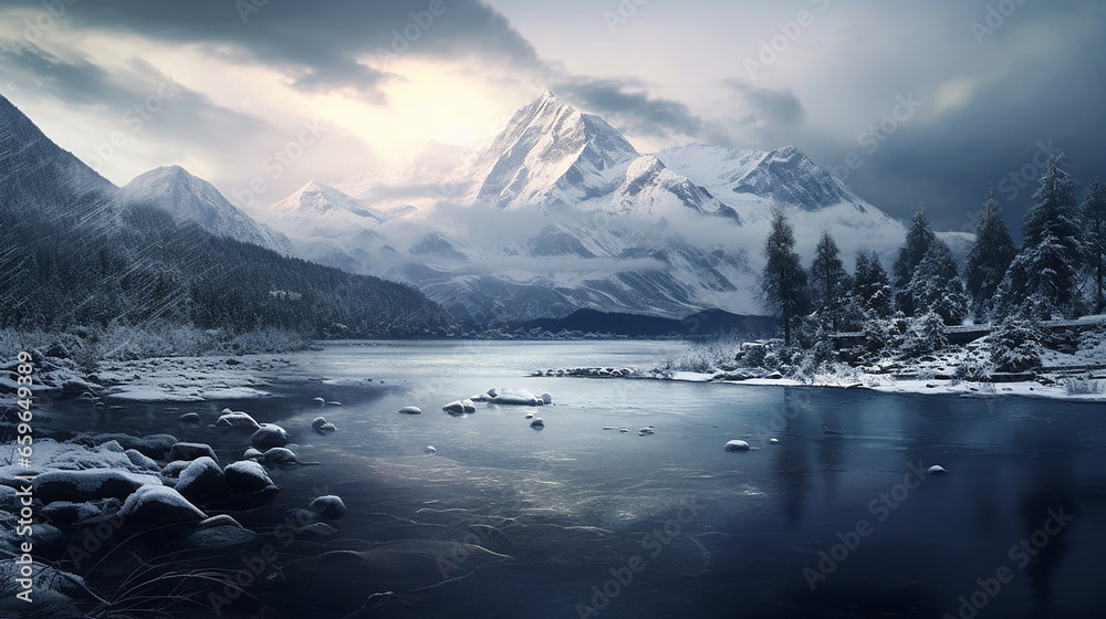 Mountains range and lake in French Alp. Snow covered mountain landscape in winter