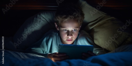 Young Boy Engages with a Tablet Under His Bed at Bedtime, Reflecting the Challenge of Digital Addiction and Excessive Screen Time in Today\'s Tech-Savvy Youth