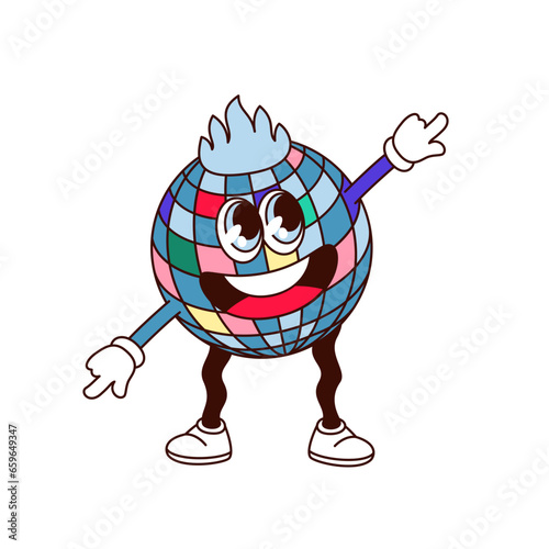 Groovy disco ball character vector illustration. Cartoon isolated psychedelic sticker with retro music party mascot, globe emoji with funny smile on face, arms and legs dancing funky fun dance