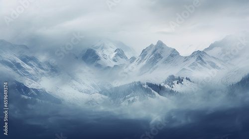 Steep rocky mountain range partially hidden by dense fog, with peaks covered in snow. Snow covered mountain landscape in winter © Olivia