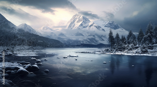 Mountains range and lake in French Alp. Snow covered mountain landscape in winter © Olivia
