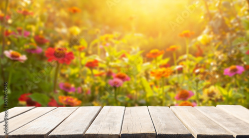 Fototapeta Naklejka Na Ścianę i Meble -  Empty wooden table and flower garden background, Sunset or sunrise time