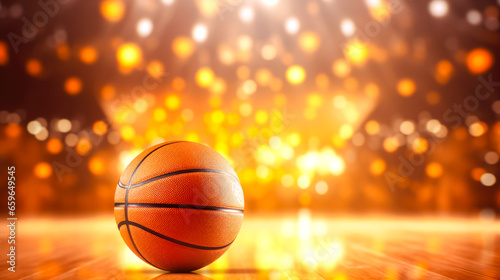 Basketball ball on the floor in basketball court with bokeh background