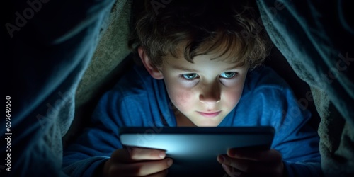 Young Boy Engages with a Tablet Under His Bed at Bedtime, Reflecting the Challenge of Digital Addiction and Excessive Screen Time in Today\'s Tech-Savvy Youth