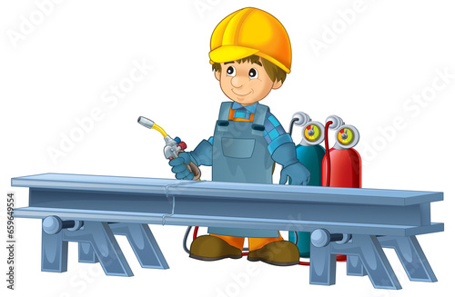 cartoon construction worker in some additional safety cover standing in front of steel beam isolated illustration for children