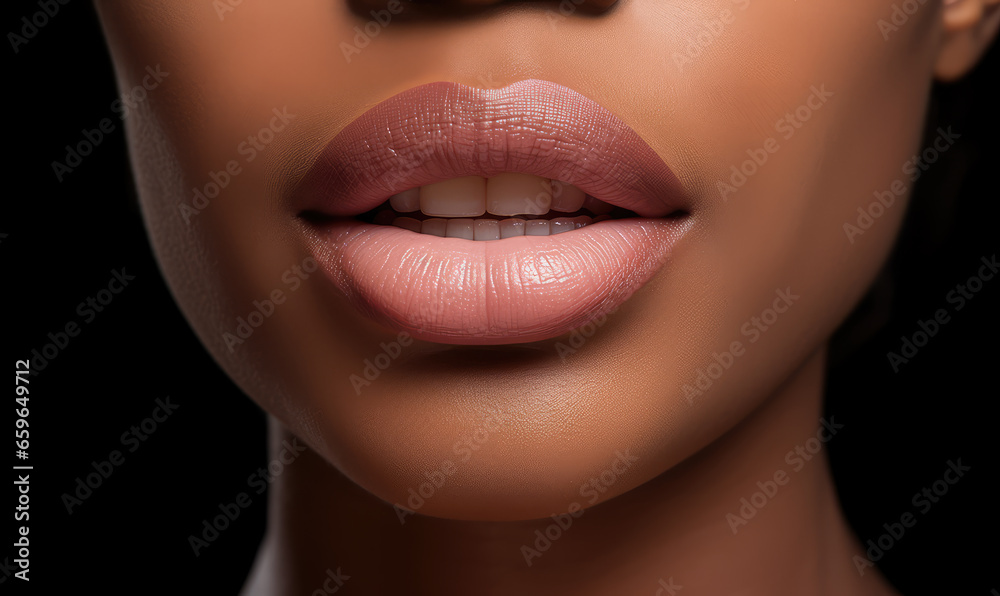 Beautiful female mouth in close up with lipstick in soft and elegant color, professional makeup.
