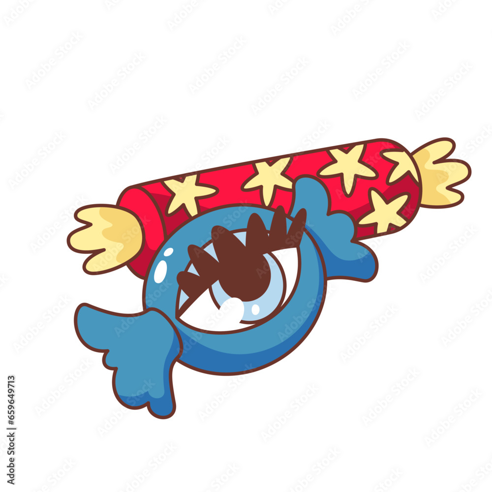 Groovy candy characters vector illustration. Cartoon isolated retro holiday candies in wrapper, funny sticker with psychedelic eye on sweet dessert, cute weird caramel gift with hallucinations Groovy candy characters vector illustration. Cartoon isolated retro holiday candies in wrapper, funny sticker with psychedelic eye on sweet dessert, cute weird caramel gift with hallucinations