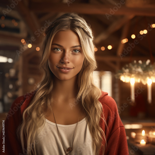 Beautiful lady inside a cabin decorated for Christmas.