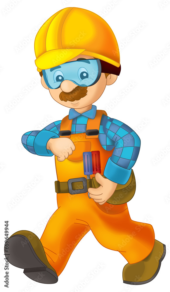 Fototapeta premium cartoon construction worker in safety costume cover standing isolated illustration for children