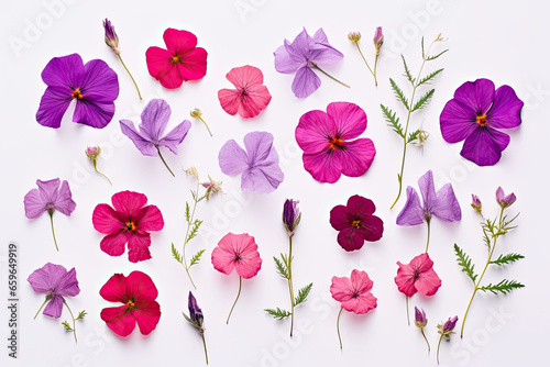 Pressed pink Botanical  flowers and green leaves on white background  photo